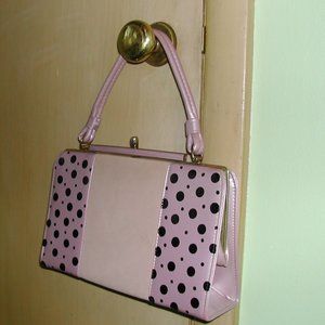 Vintage Pink Vinyl/Ultra Suede Handbag with Hand Painted Black Polka Dots